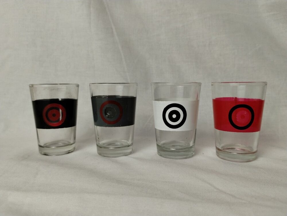 4 BULLSEYE SHOT GLASS SET-CLEAR-RED, BLACK, GRAY & WHITE - GLASS
